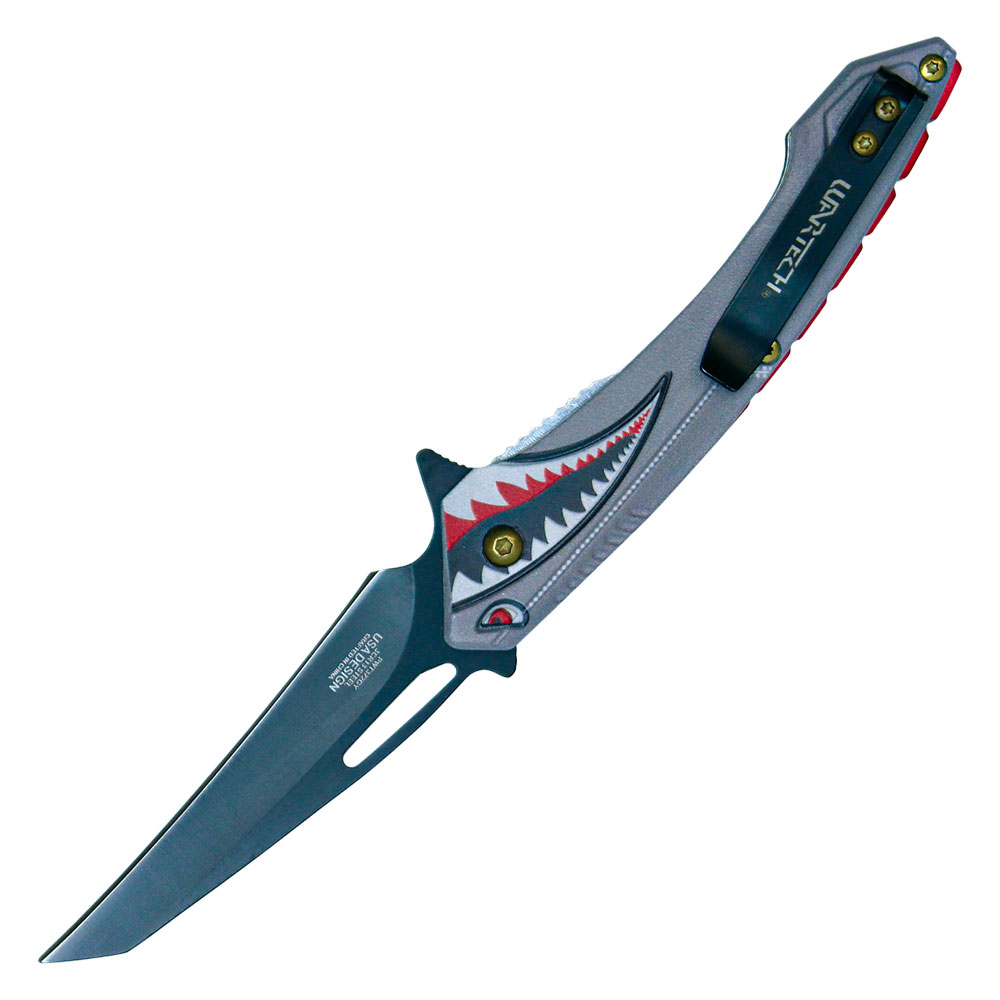 Assisted Open Folding Pocket Knife Gray with Flying Shark Design view 2